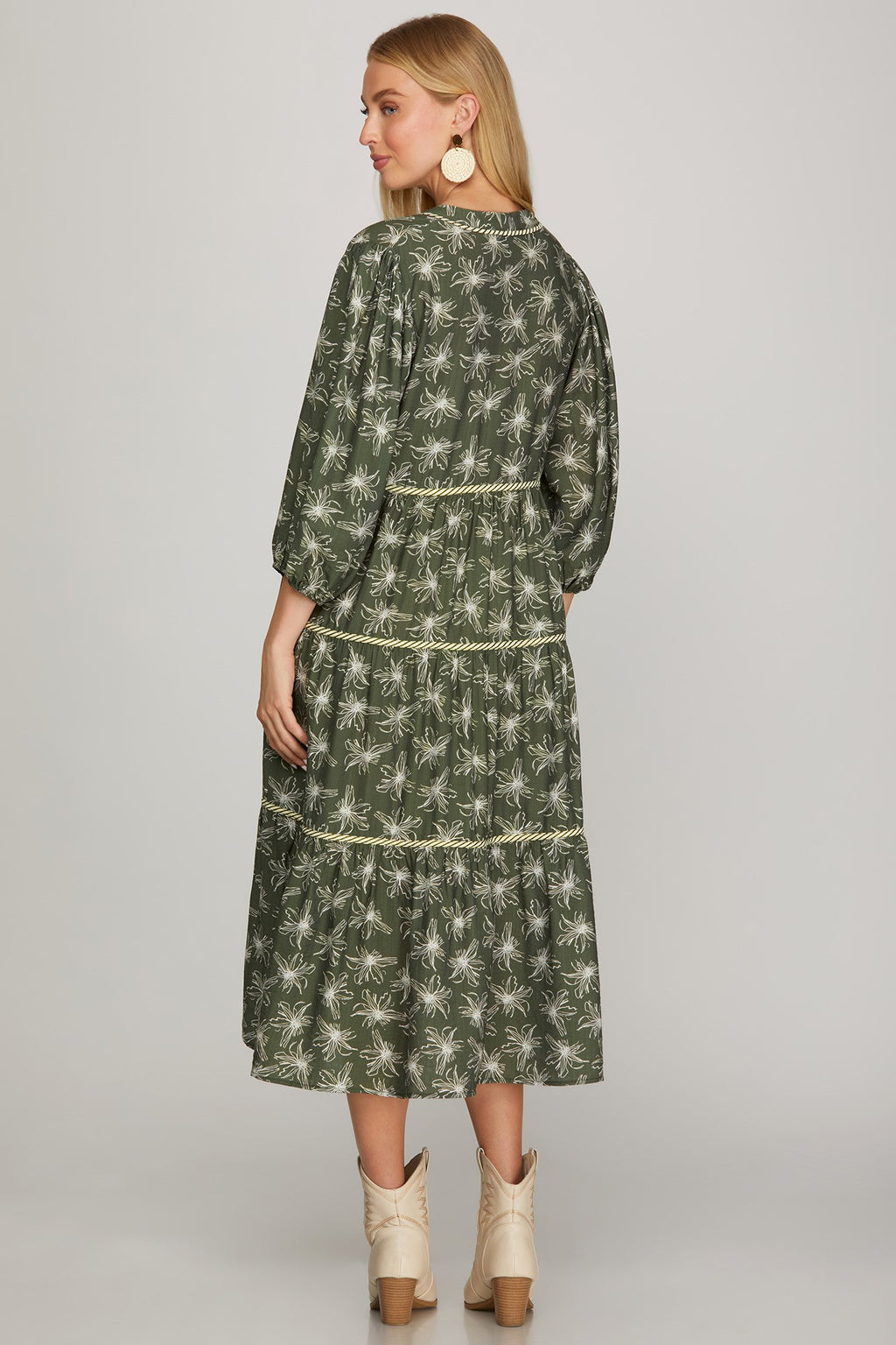 She & Sky 3/4 Sleeve Floral Woven Tiered Midi Dress