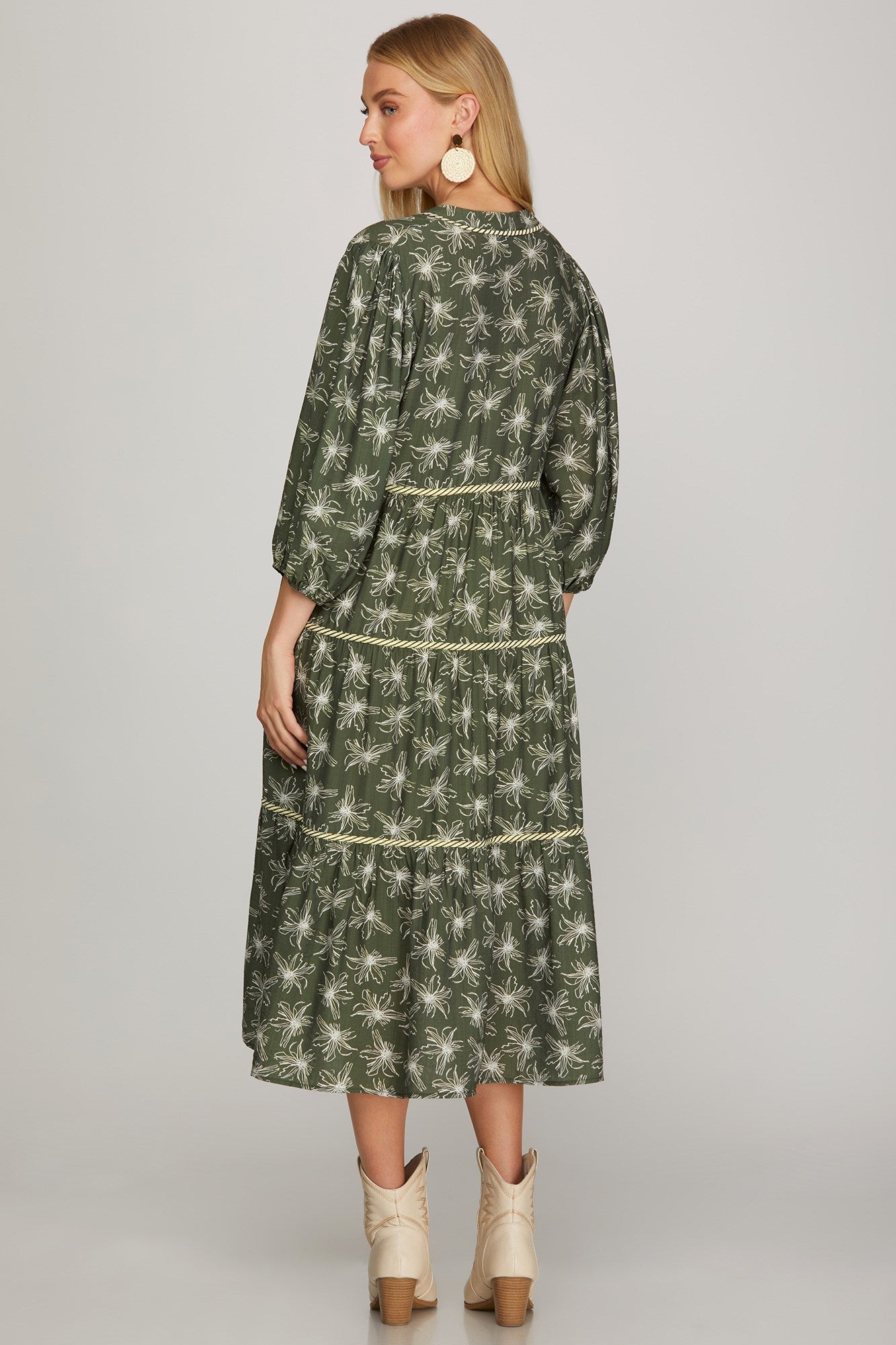 She & Sky 3/4 Sleeve Floral Woven Tiered Midi Dress
