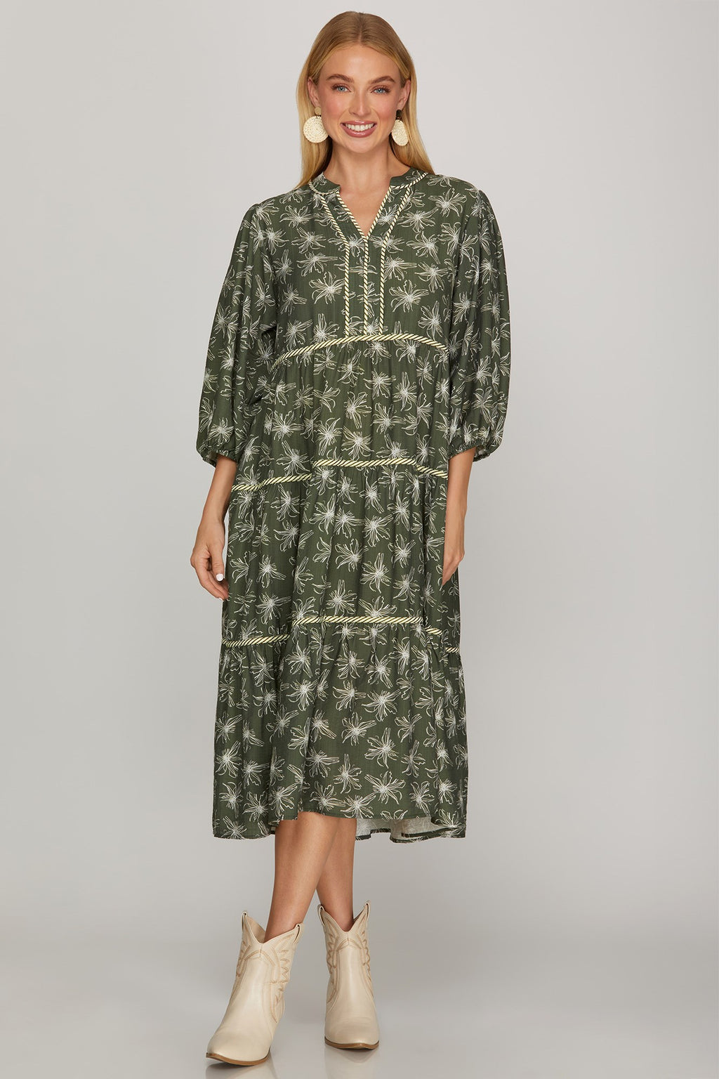 She & Sky 3/4 Sleeve Floral Woven Tiered Midi Dress