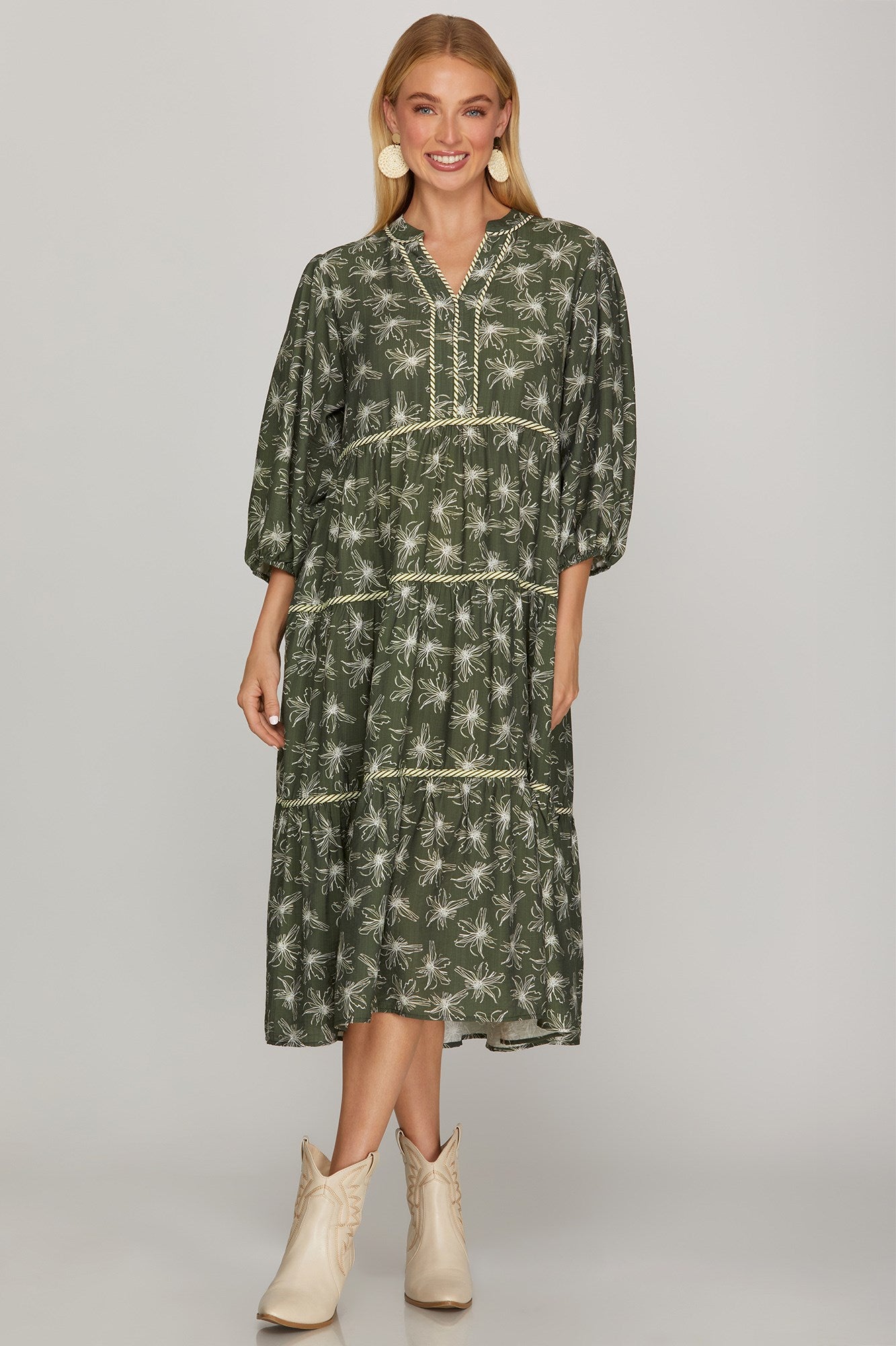 She & Sky 3/4 Sleeve Floral Woven Tiered Midi Dress