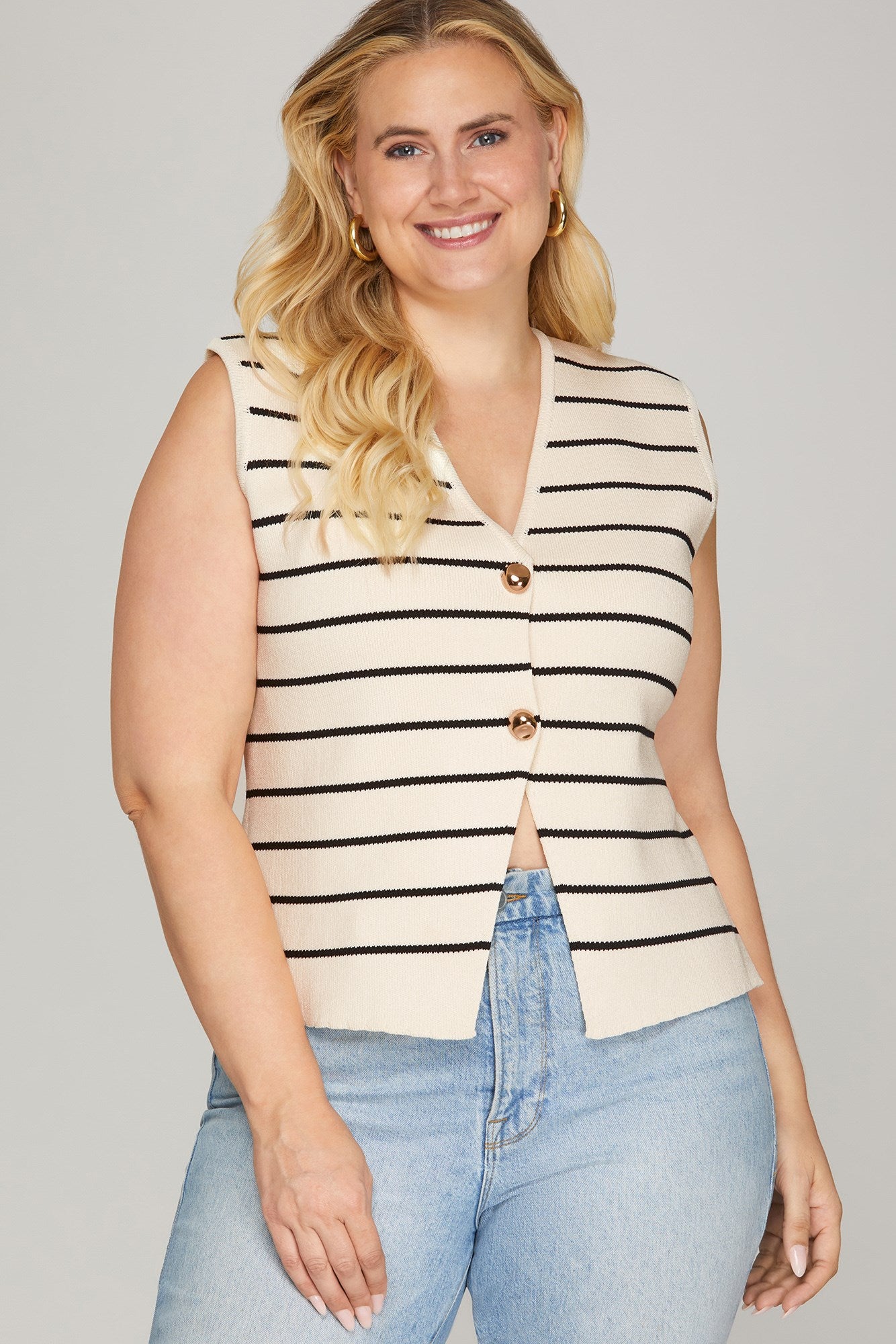 She & Sky Gold Button Striped Knit Sweater Vest