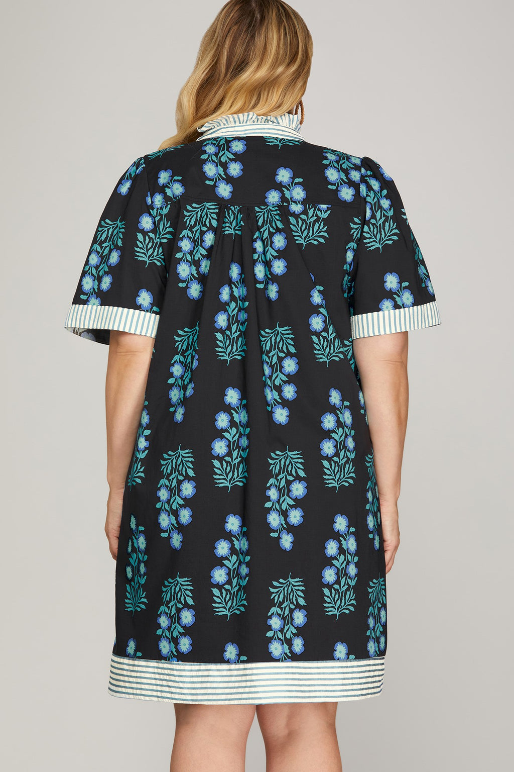 She & Sky Ruffled Neck Button Down Printed Mini Dress