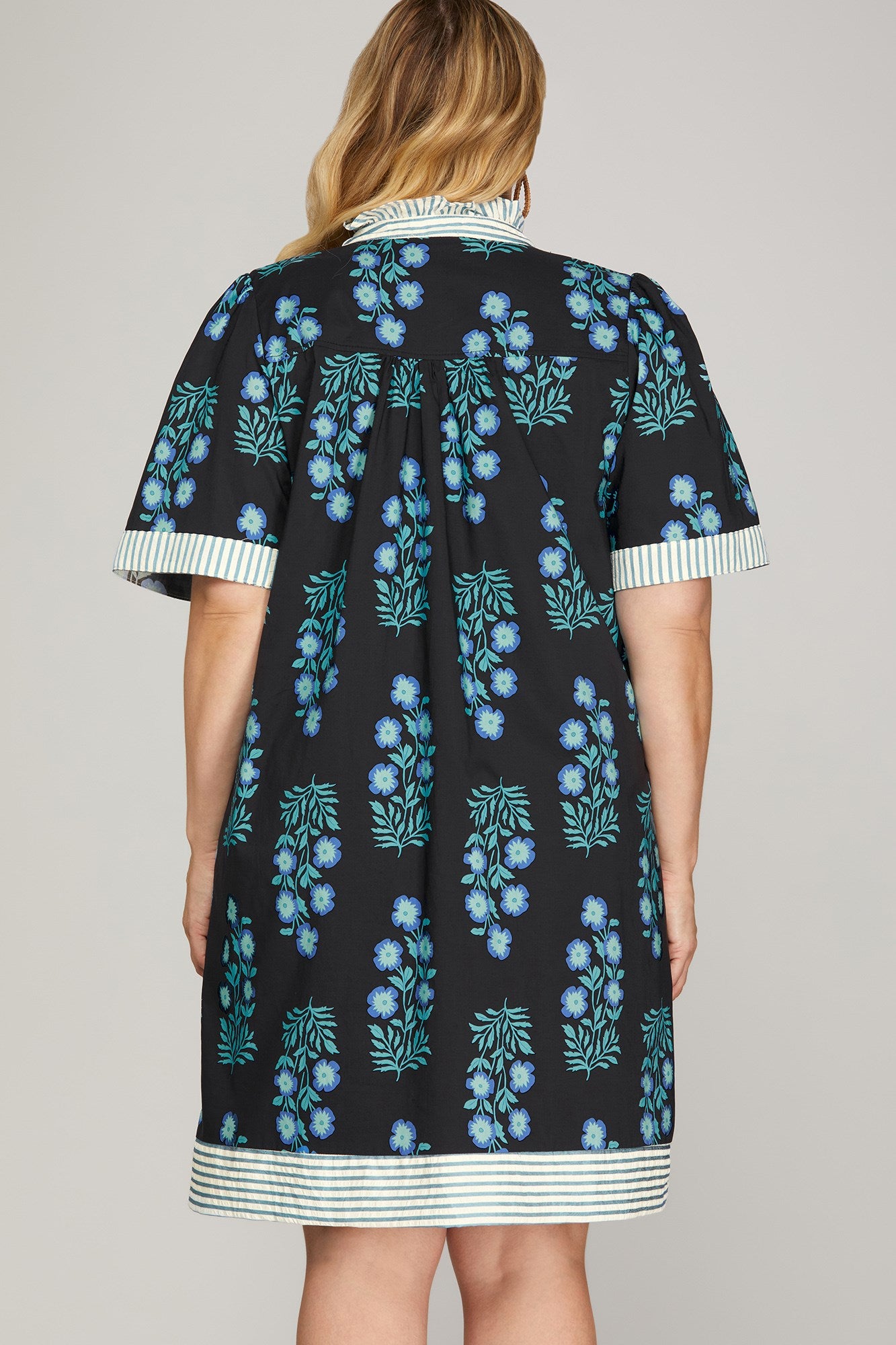 She & Sky Ruffled Neck Button Down Printed Mini Dress