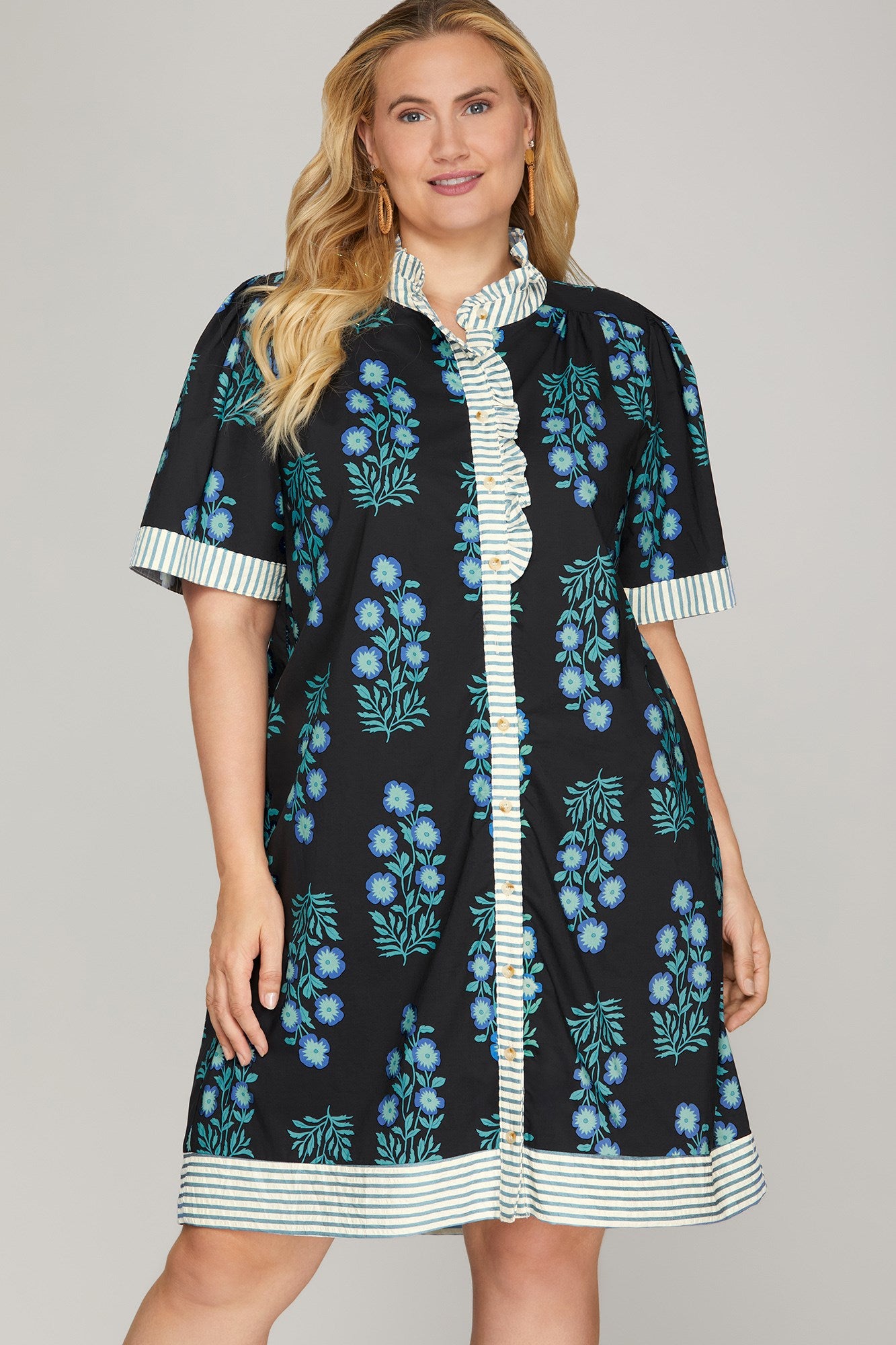 She & Sky Ruffled Neck Button Down Printed Mini Dress