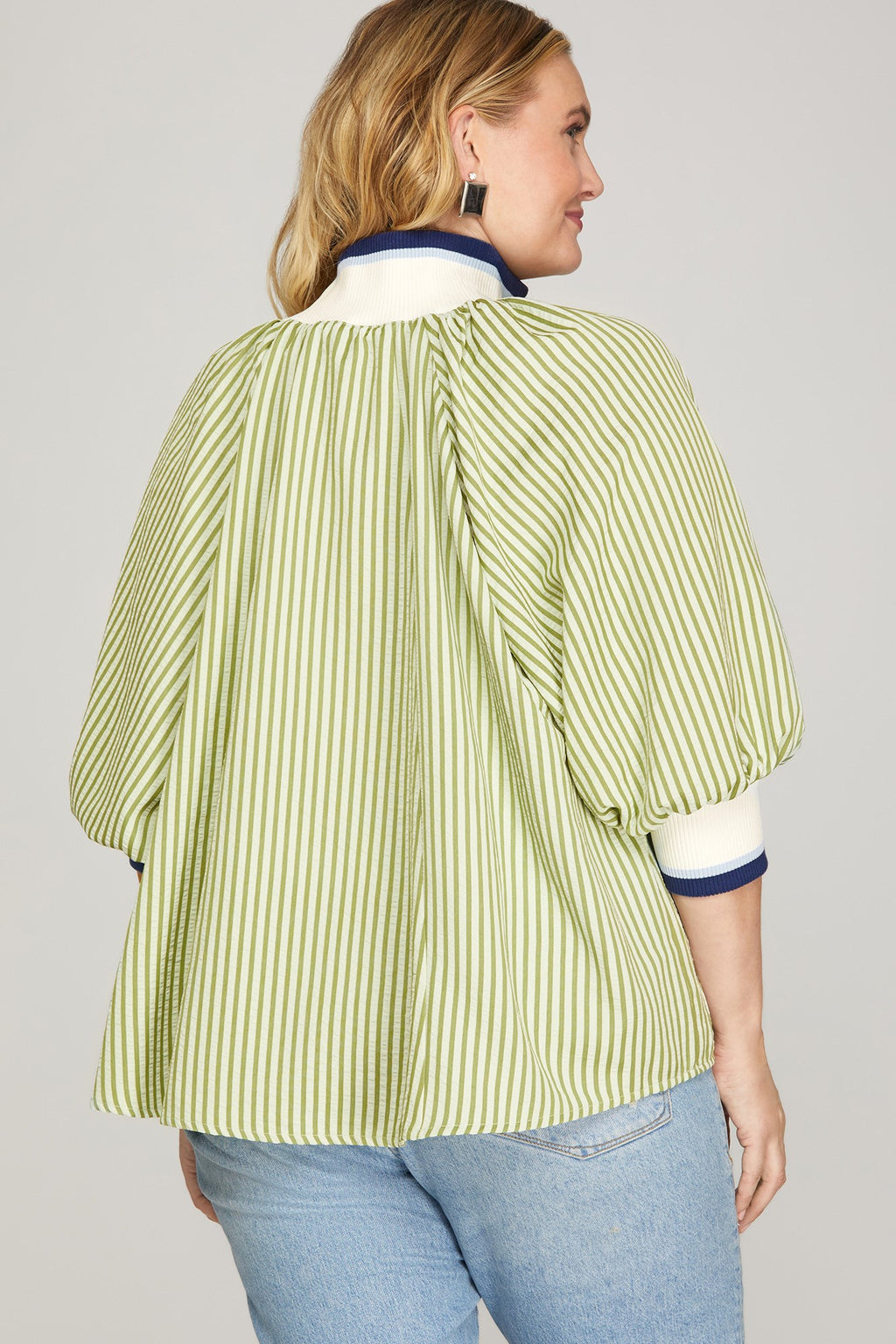 She & Sky 3/4 Sleeve Half Zip Striped Top