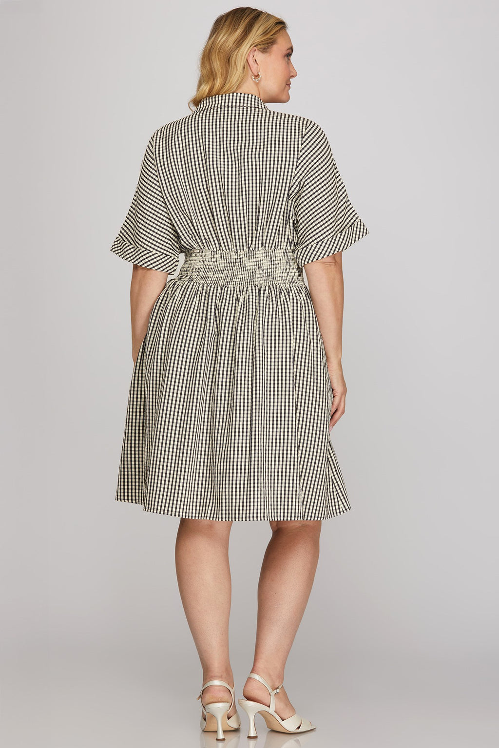 She & Sky Pintuck Smocking Gingham Woven Mini Dress Pockets