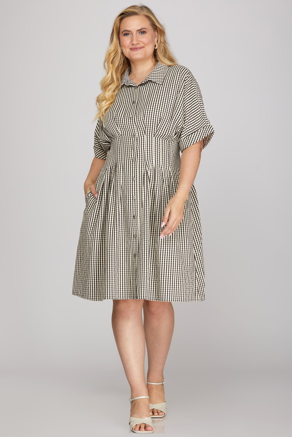 She & Sky Pintuck Smocking Gingham Woven Mini Dress Pockets