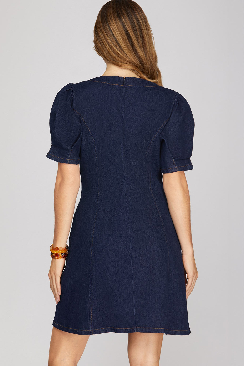 She & Sky Short Sleeve Washed Stretch Denim Mini Dress