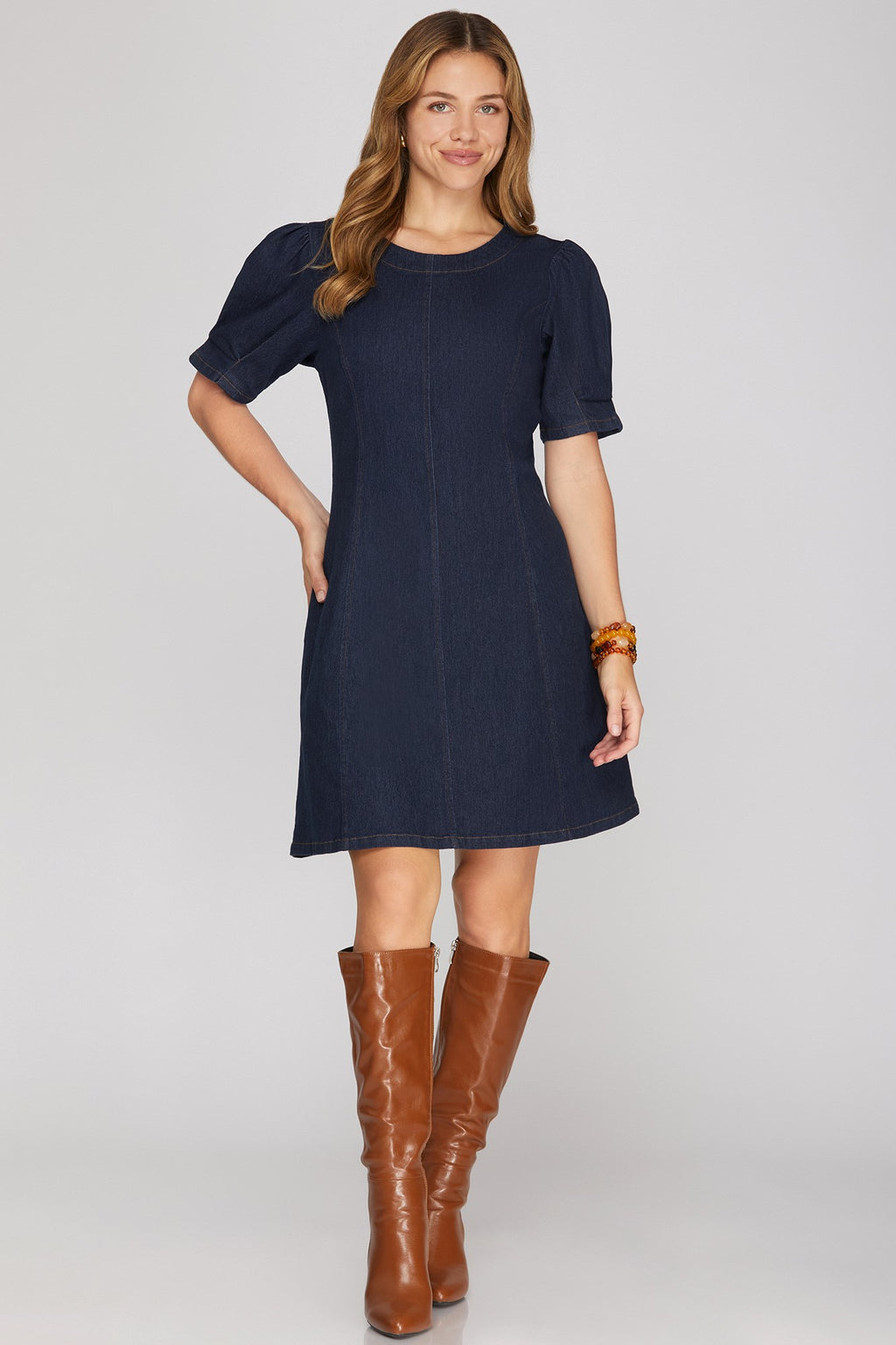She & Sky Short Sleeve Washed Stretch Denim Mini Dress