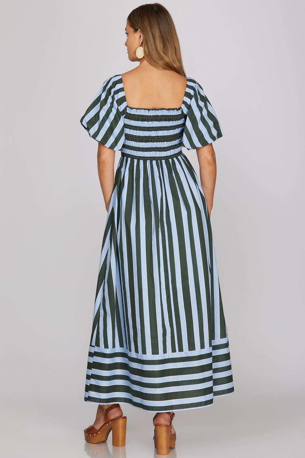 She & Sky Bubble Sleeve Smocked Top Striped Mini Dress