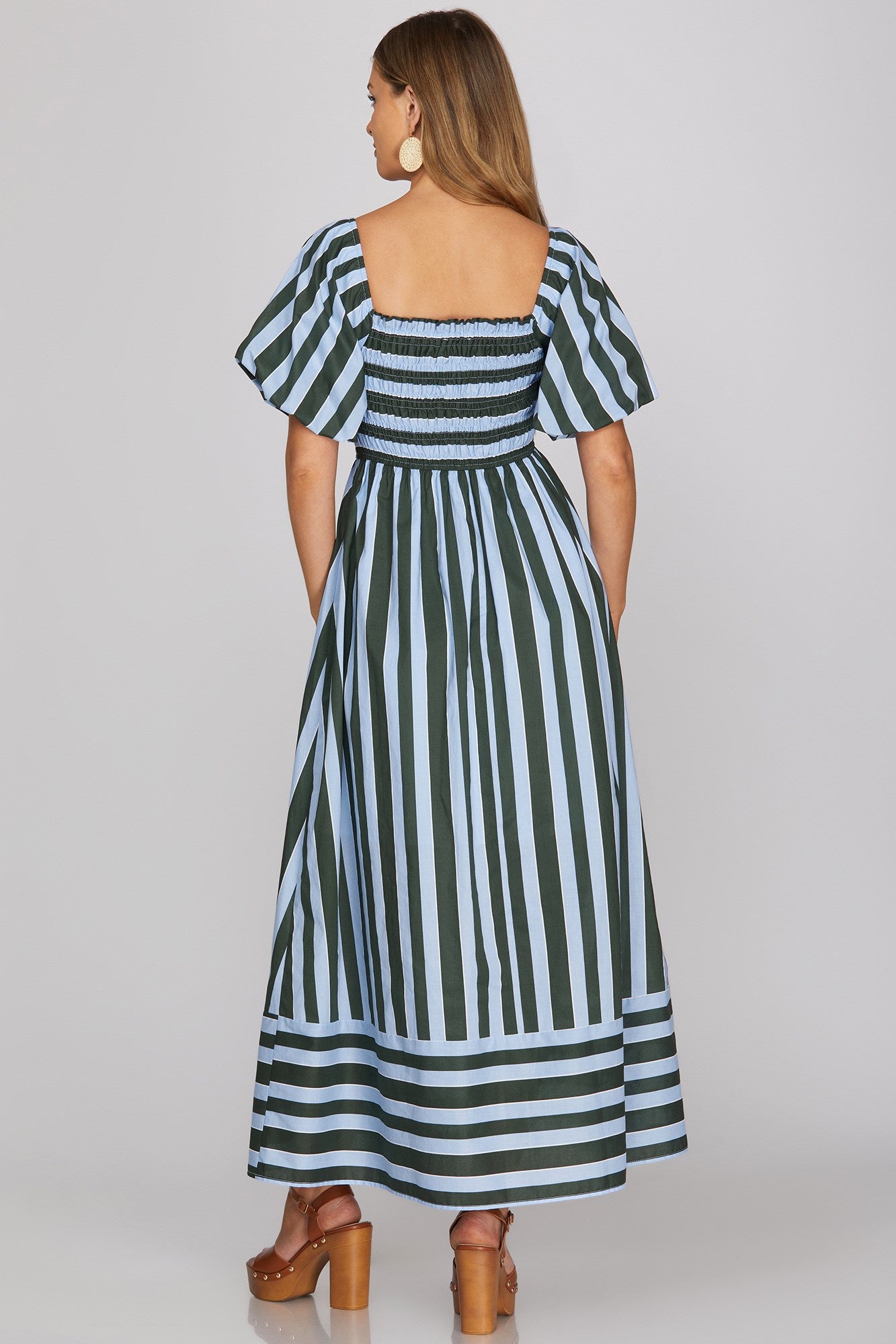 She & Sky Bubble Sleeve Smocked Top Striped Mini Dress