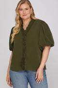 She + Sky Short Bubble Slv Smocked Neck Top