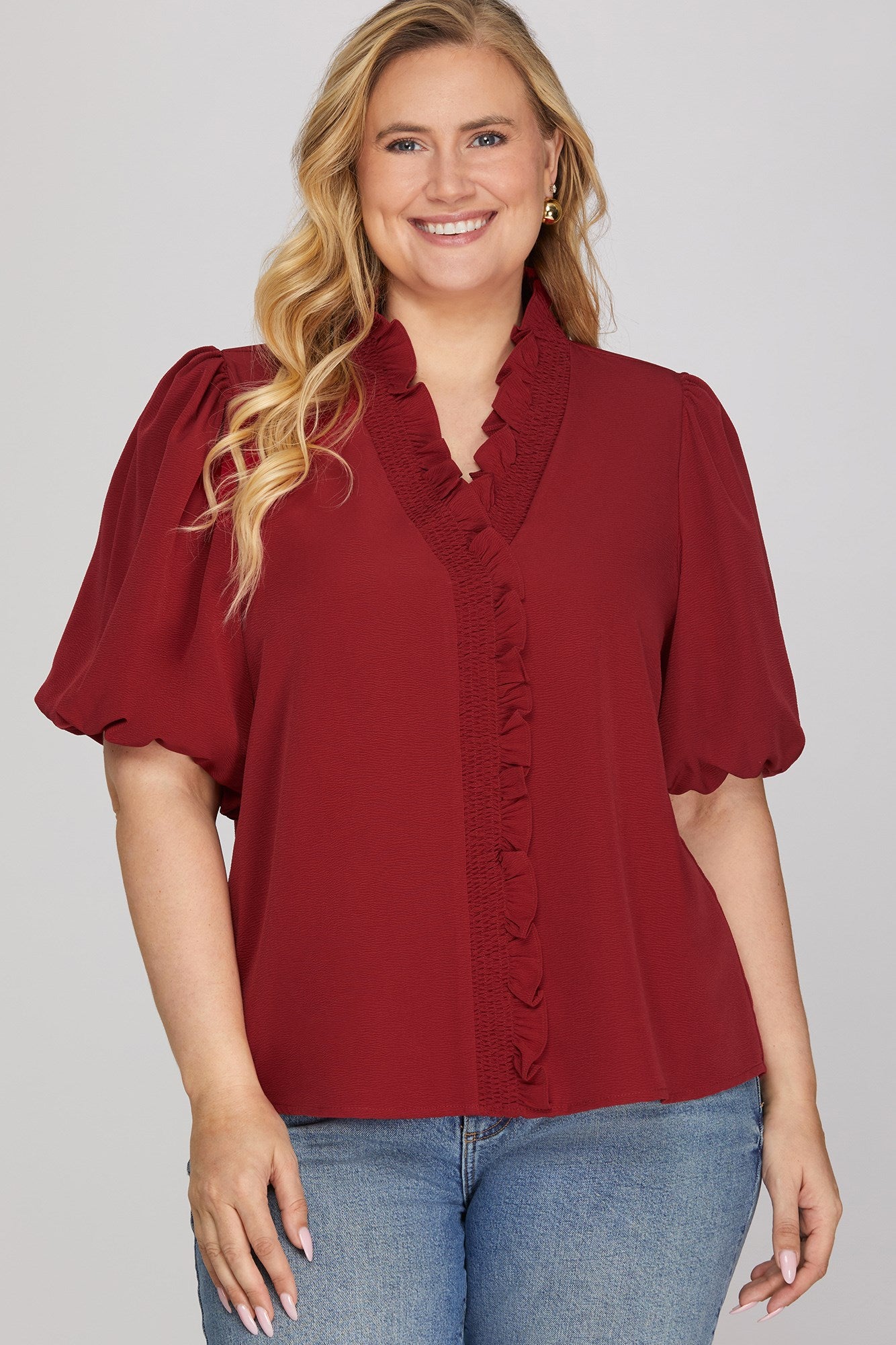 She & Sky Bubble Sleeve Smocked Neck Top