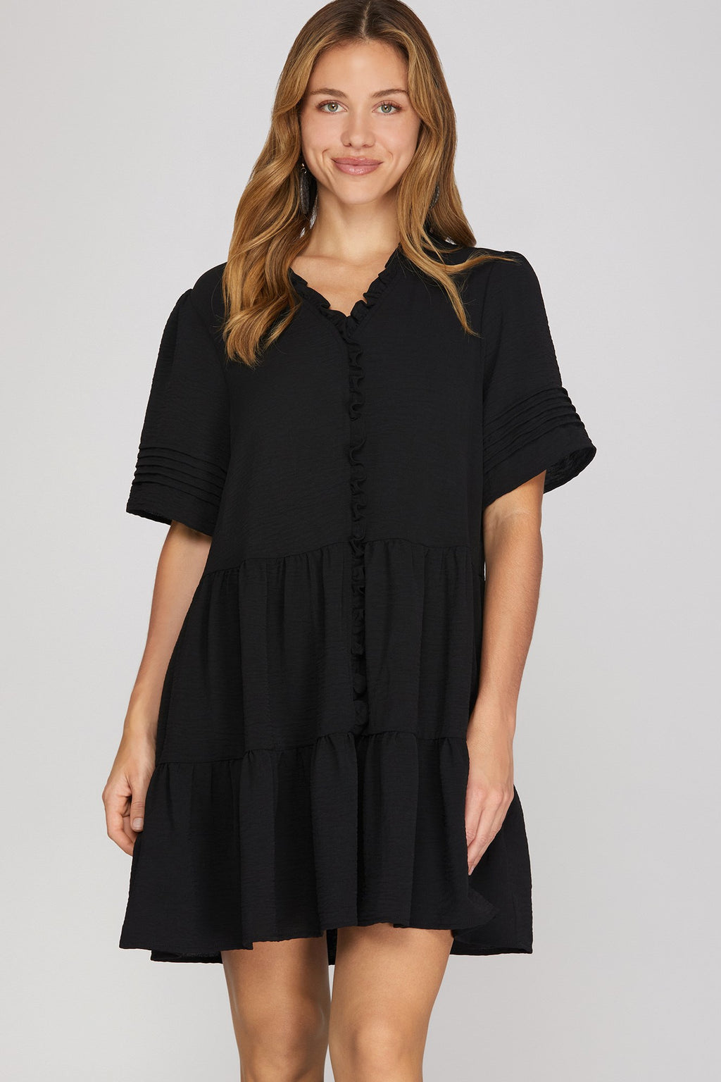 She & Sky Pleated Sleeve Ruffled Mini Dress