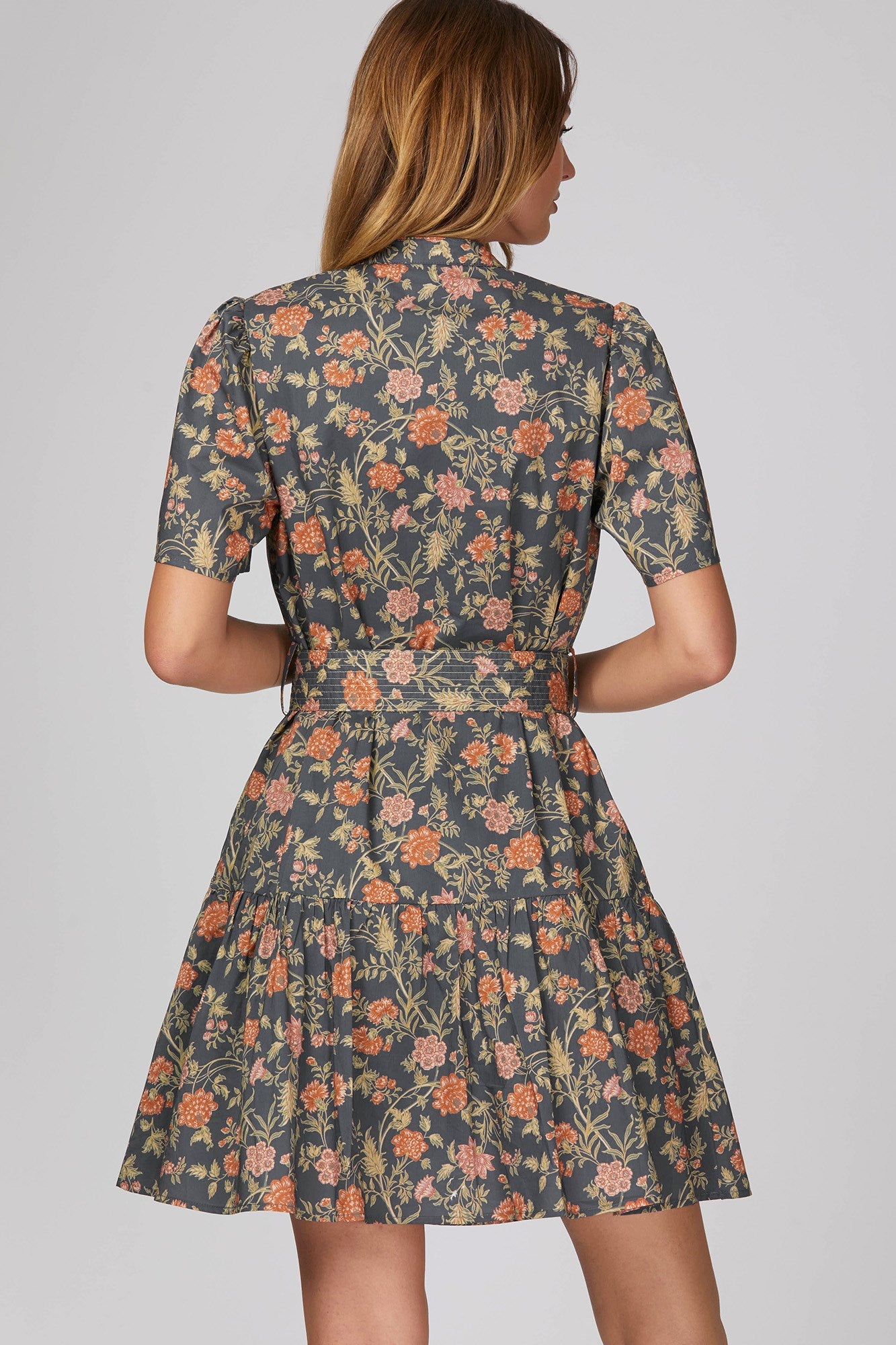 She & Sky Woven Floral Print Mini Dress Waist Tie