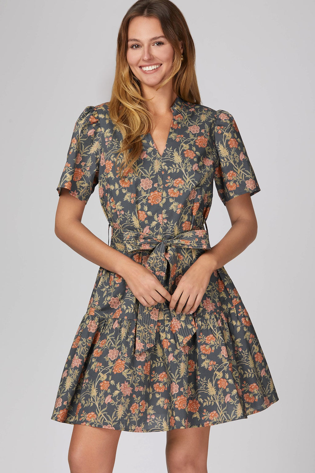 She & Sky Woven Floral Print Mini Dress Waist Tie