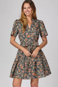 She & Sky Woven Floral Print Mini Dress Waist Tie