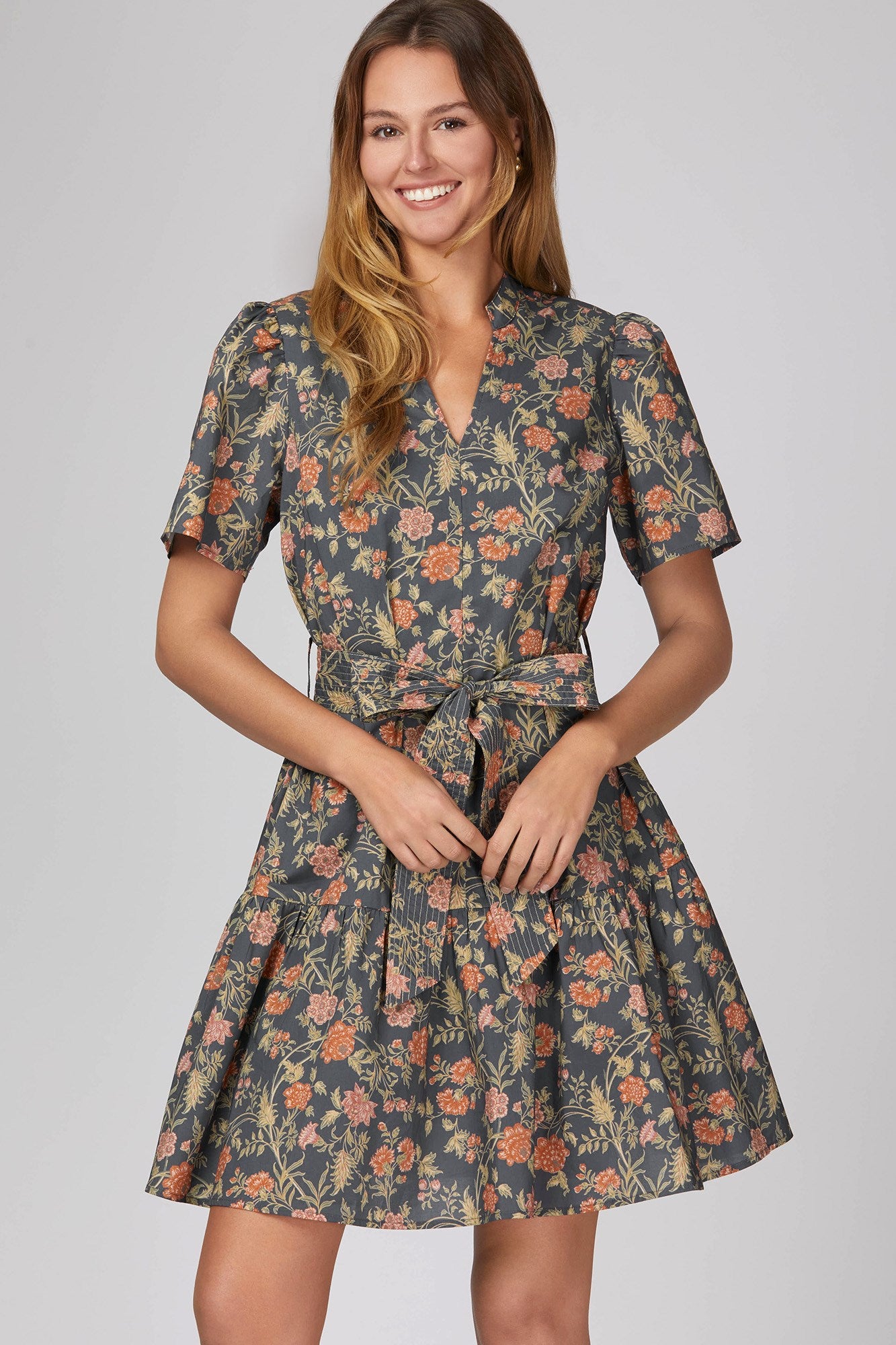 She & Sky Woven Floral Print Mini Dress Waist Tie