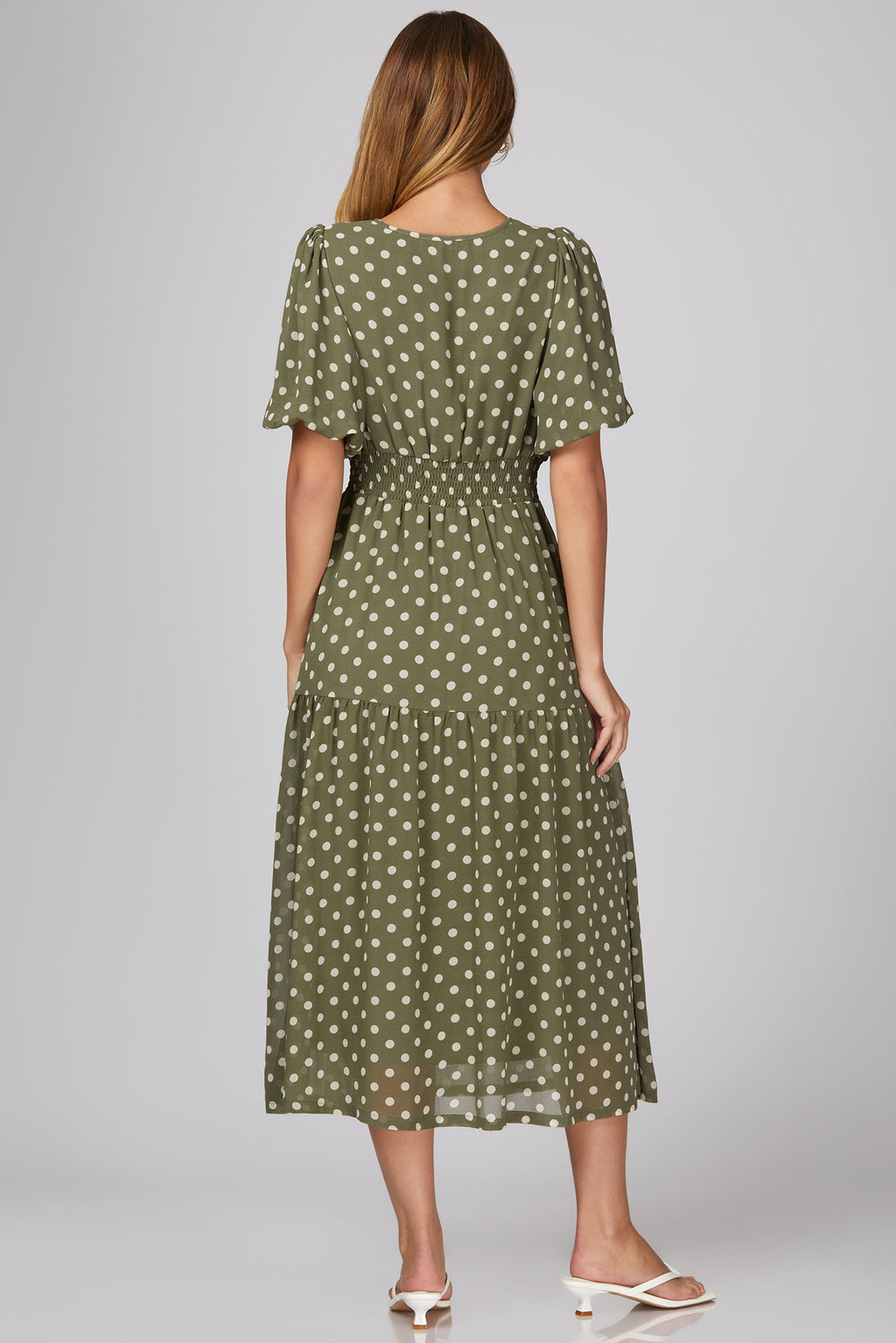 She & Sky Puff Sleeve Woven Polkadot Print Tiered Midi Dress