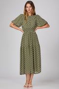 She & Sky Puff Sleeve Woven Polkadot Print Tiered Midi Dress