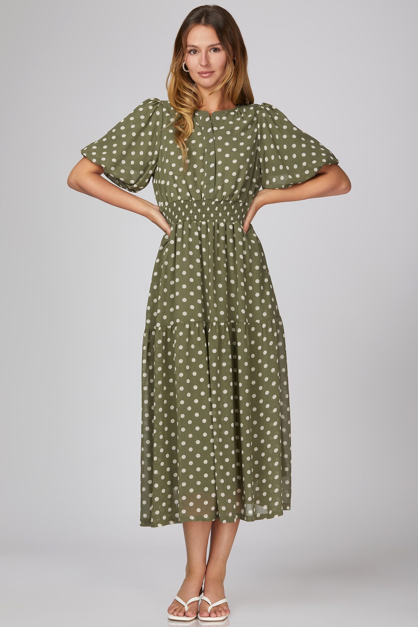 She & Sky Puff Sleeve Woven Polkadot Print Tiered Midi Dress