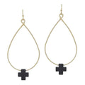 WH Gold Metal Teardrop with Black Color Coated Cross Accent 1.75" Earring
