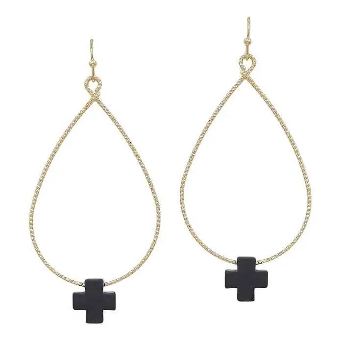 WH Gold Metal Teardrop with Black Color Coated Cross Accent 1.75" Earring