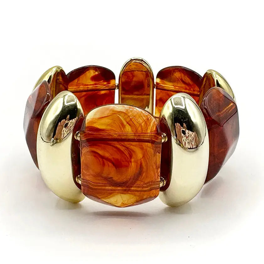 WH Wide Gold and Brown Acrylic Stretch Bracelet