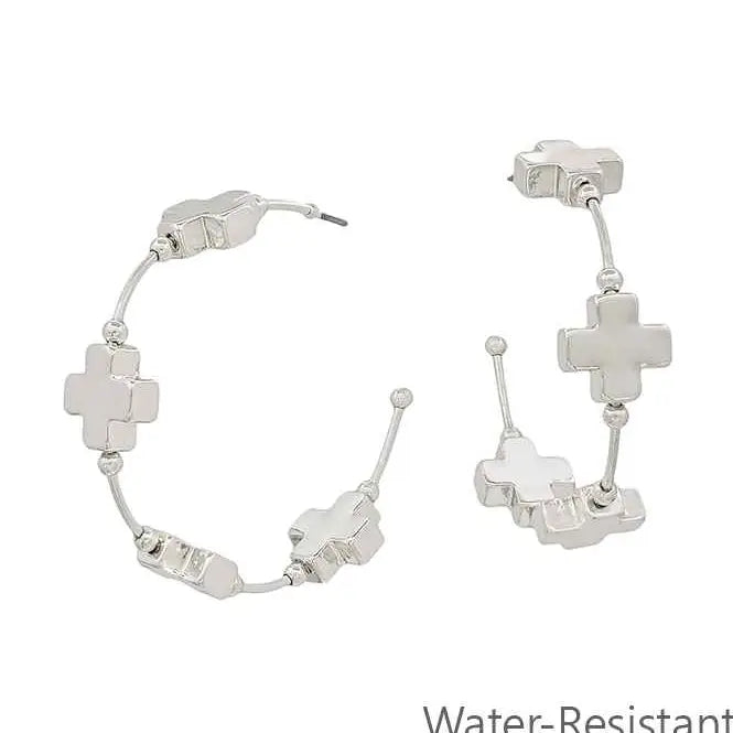 WH Water Resistant Silver Wired with Silver Cross 1.75" Hoop Earring