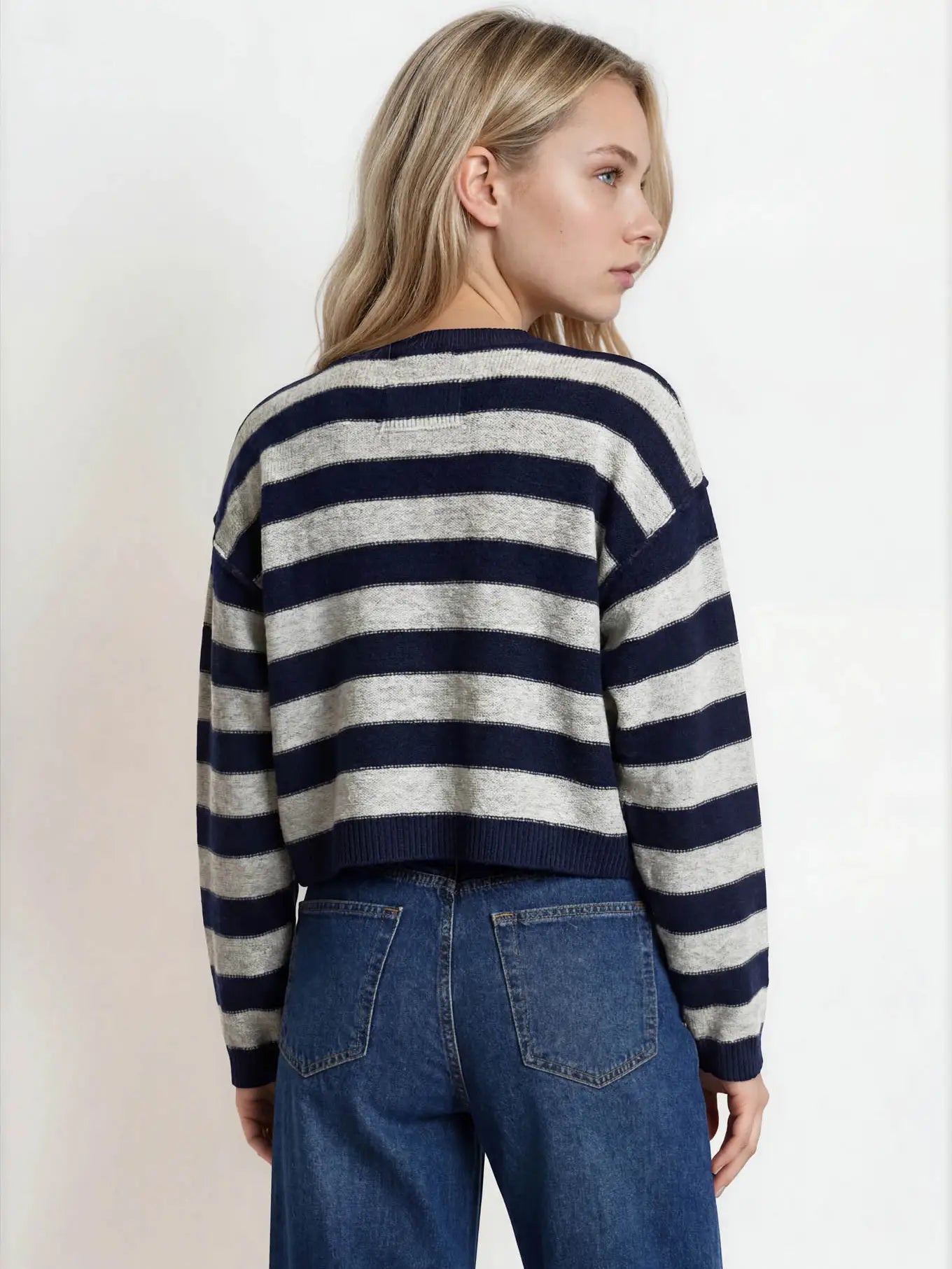 Blu Pepper Stripe Exposed Seam Long Sleeve Cropped Sweater