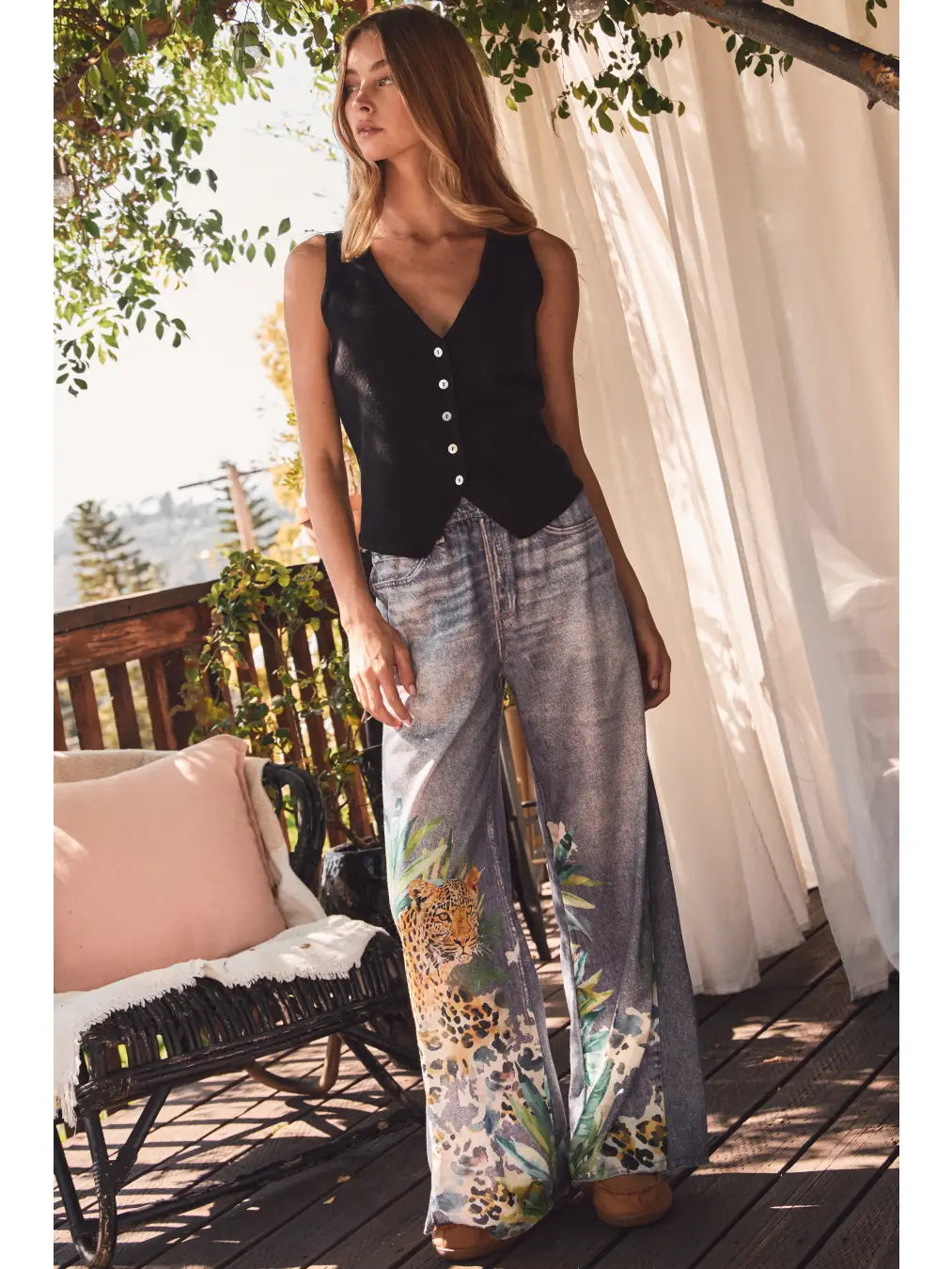 Oddi Plus Denim-Look Sublimation Printed Wide Leg Pants