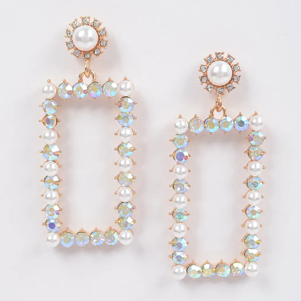 H&D Faux Pearl Rectangle Rhinestone Earrings