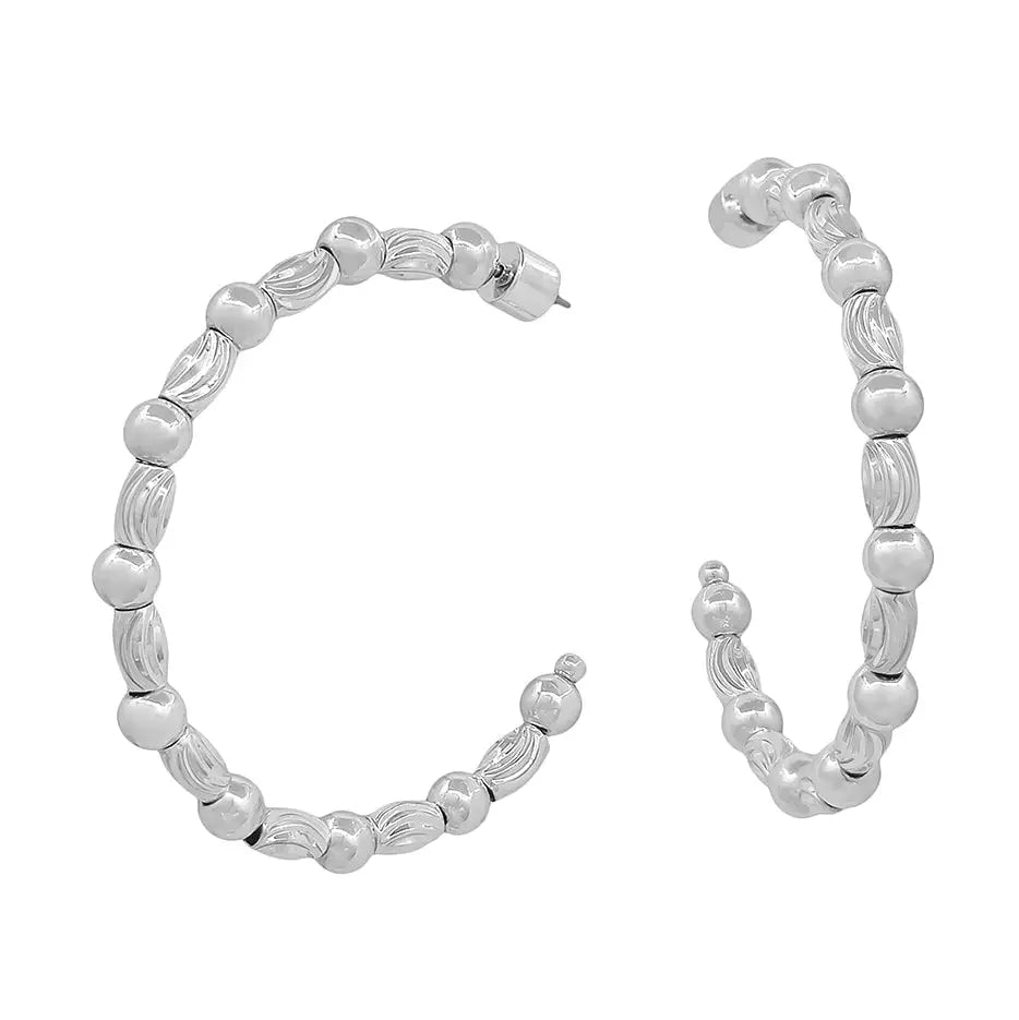WH Water Resistant Silver Textured Oval and Beaded 2" Hoop Earring