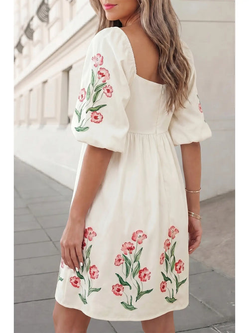 Aapparella Floral Square Neck Puff Sleeve Mini Dress