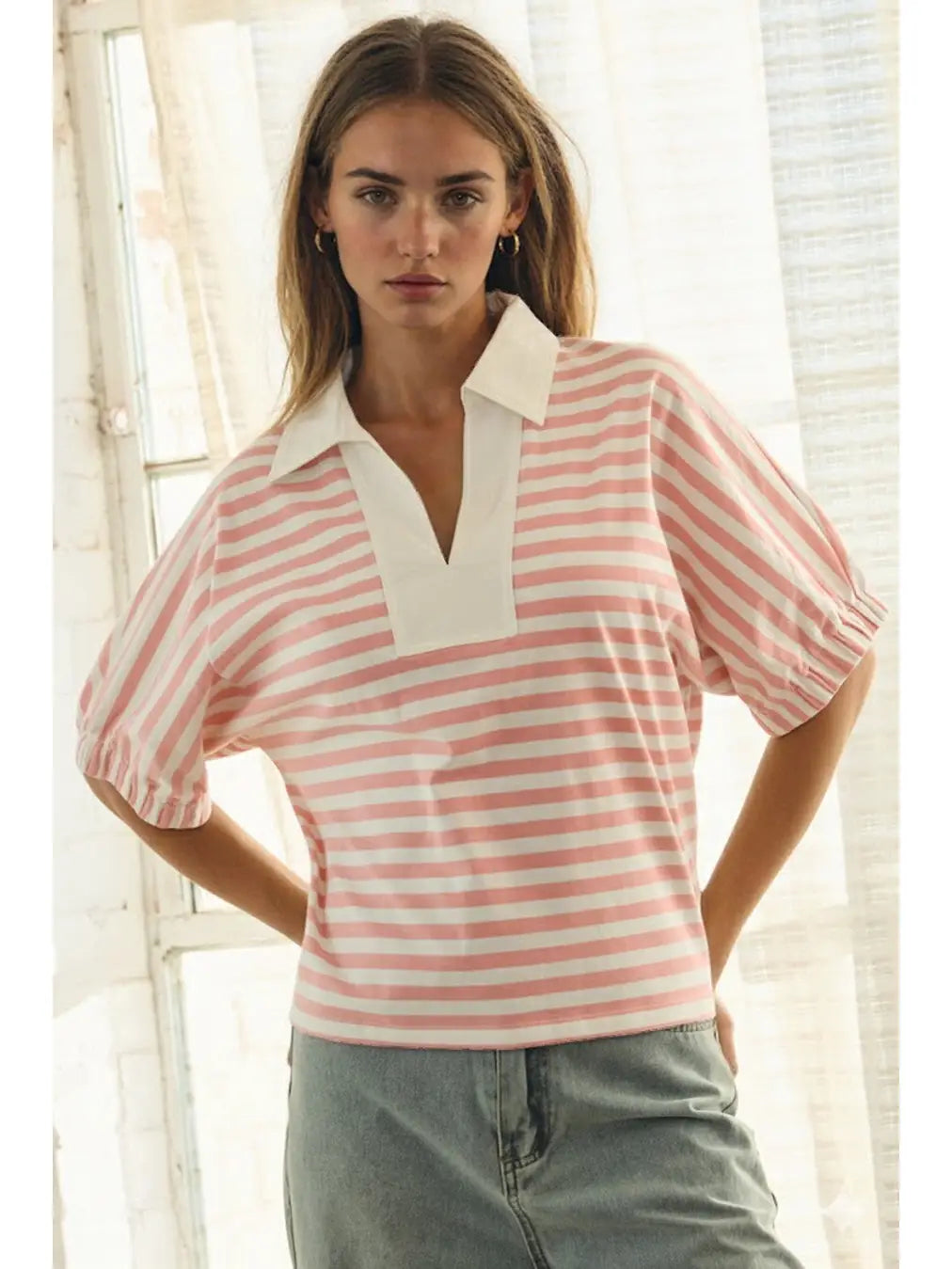 Oddi Striped Pullover Top Popover Collar