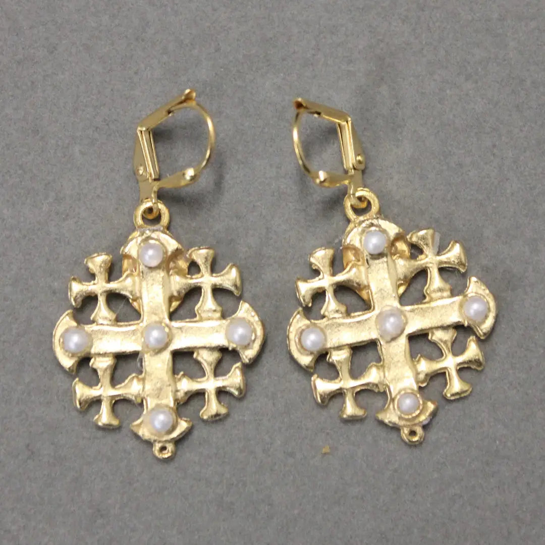 Jerusalem Cross Earrings With Pearls