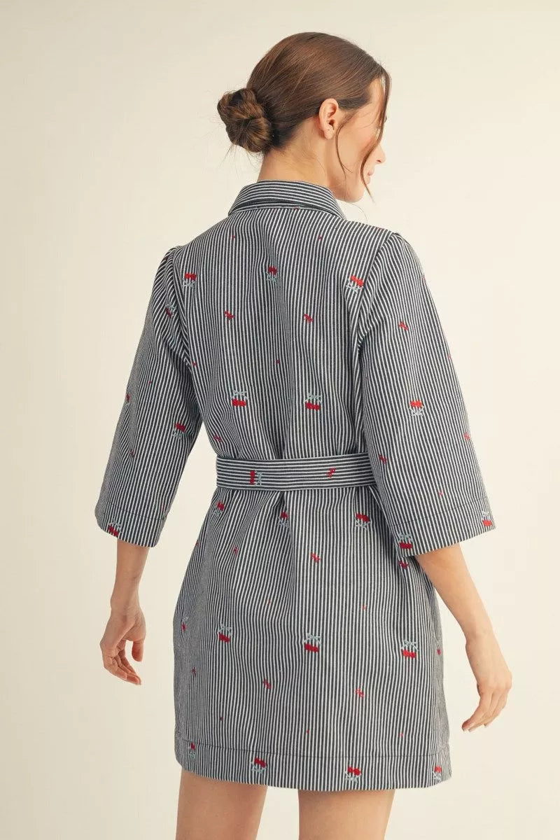 Jodifl Sleeves Button Down Stripe Dress with Cherry Embroidery