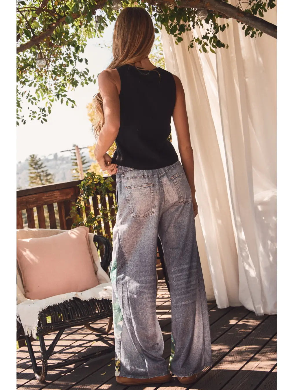 Oddi Plus Denim-Look Sublimation Printed Wide Leg Pants