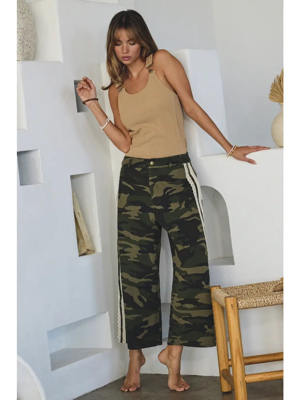 Oddi Camo Printed Washed Denim Cropped Pants