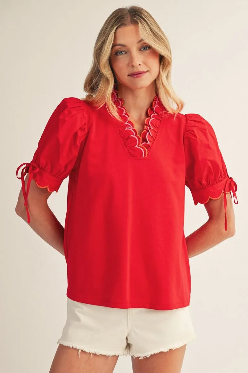 Jodifl Short Puff Sleeves Lovely Top Scalloped Detail