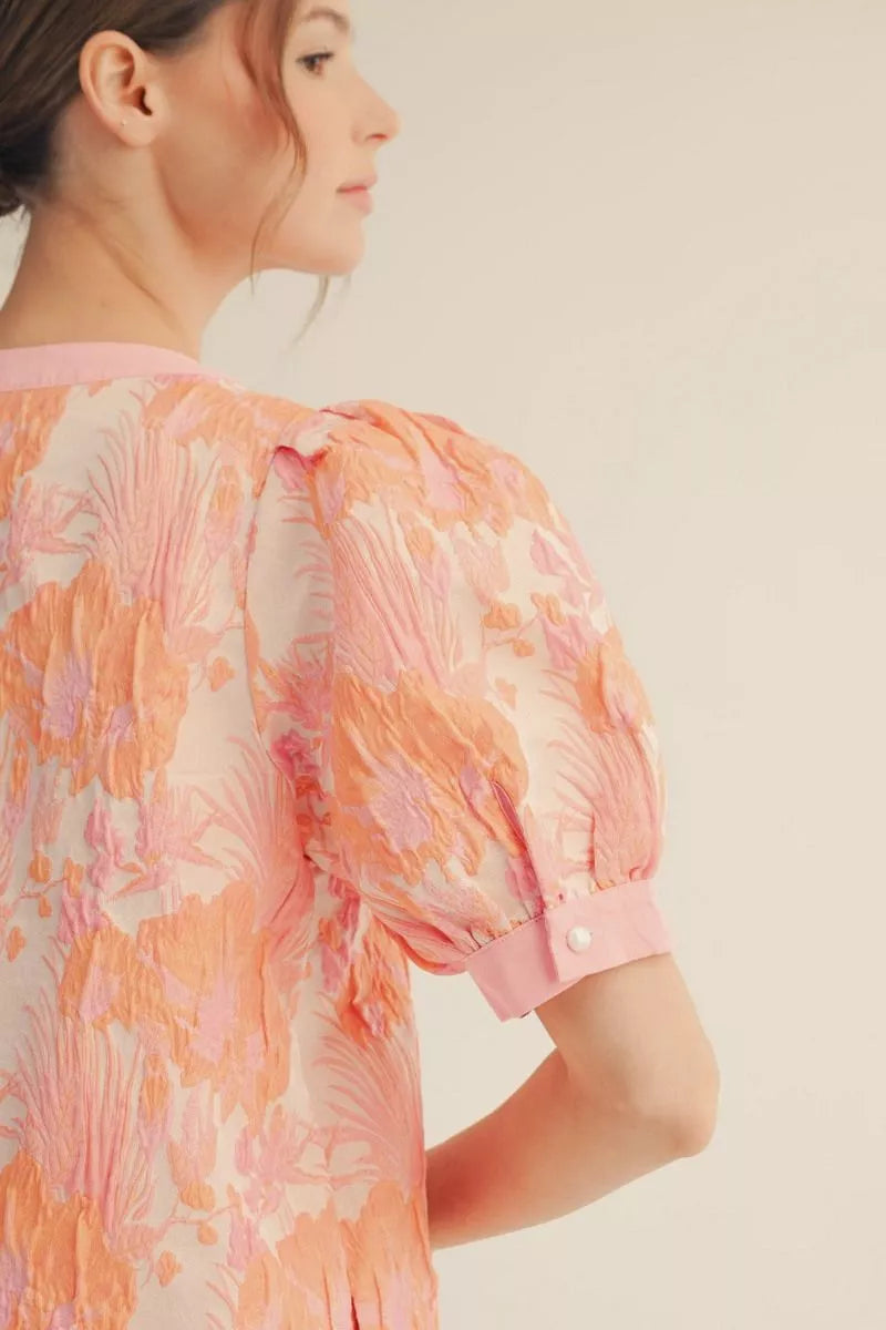 Jodifl Short Puff Sleeves Floral Jacquard Dress with Side Pockets