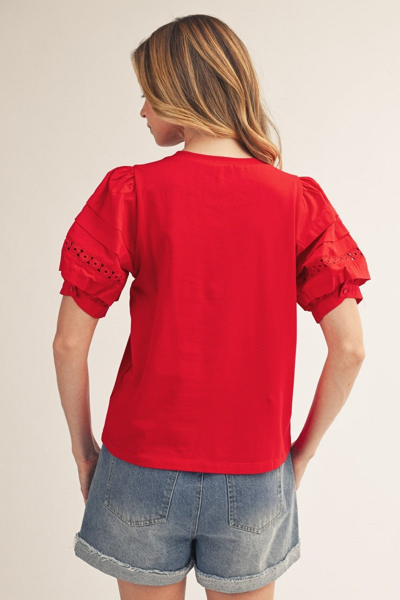 Lace Accent Puff Sleeves Solid Top
