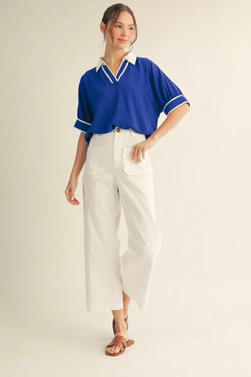 Jodifl High Waist Wide Leg Solid Pants with Scallop Pockets