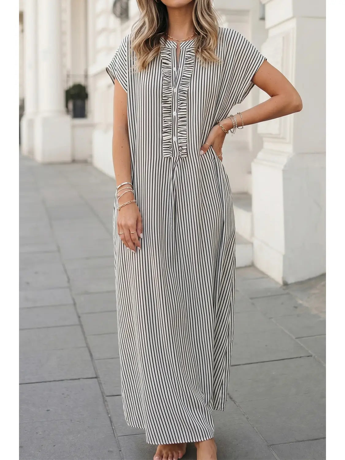 Aapparella Stripe Frilled Detail Half Buttons Maxi Dress
