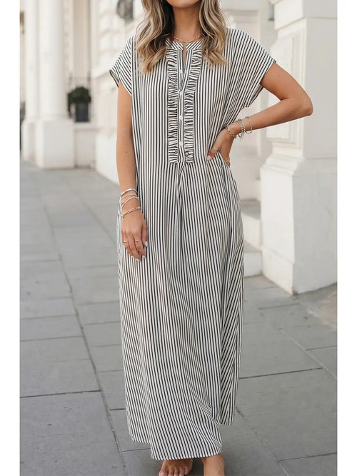 Aapparella Stripe Frilled Detail Half Buttons Maxi Dress