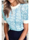 Aaparella Contrast Floral Crewneck Short Sleeve Sweater