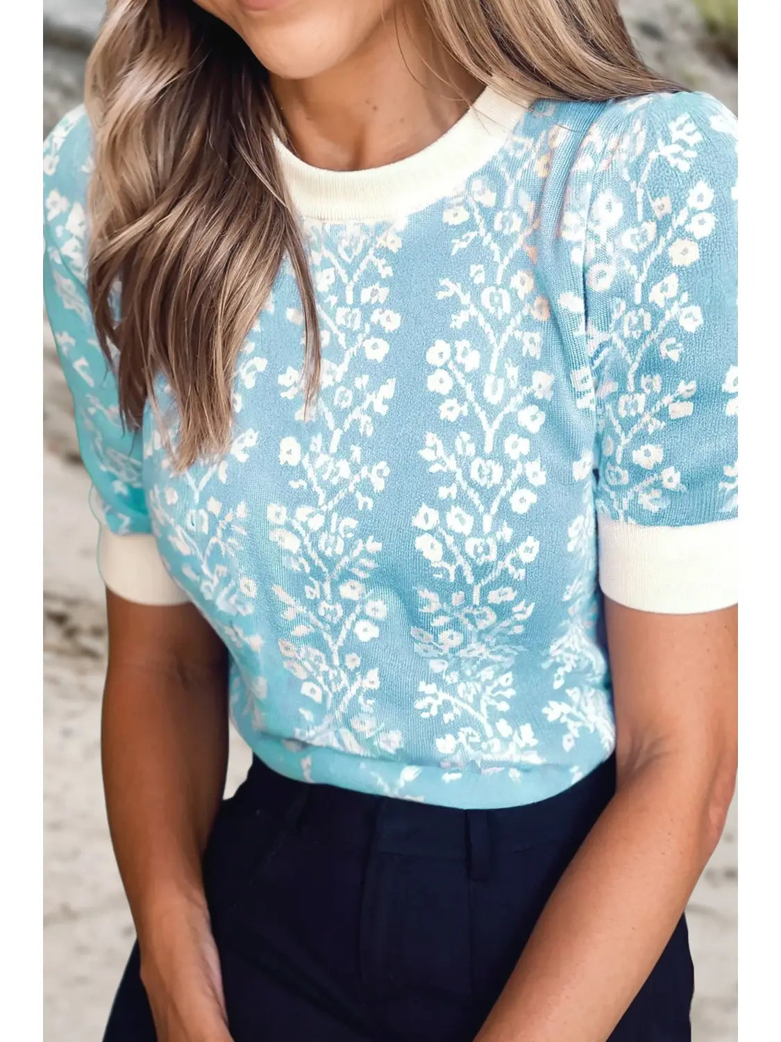 Aaparella Contrast Floral Crewneck Short Sleeve Sweater