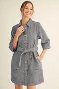 Jodifl Sleeves Button Down Stripe Dress with Cherry Embroidery