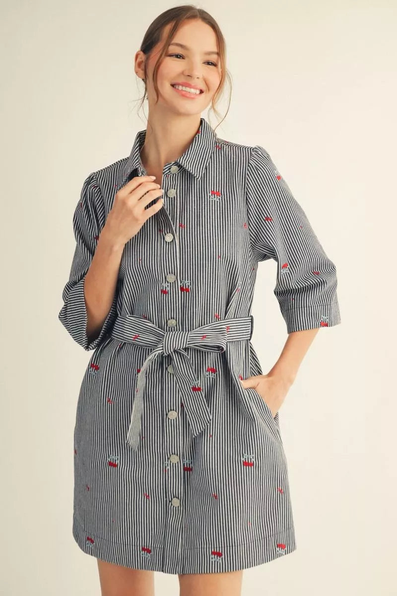 Jodifl Sleeves Button Down Stripe Dress with Cherry Embroidery
