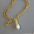 34" Gold Pleated Pendant Necklace Pearl Charm